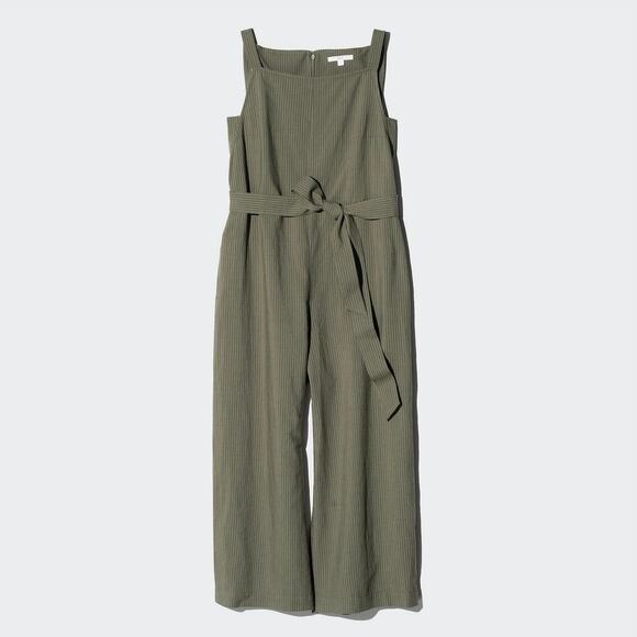 NWT Uniqlo Linen Blend Stripe Jumpsuit Olive Sz M Relaxed Waist Ribbon - Picture 3 of 11